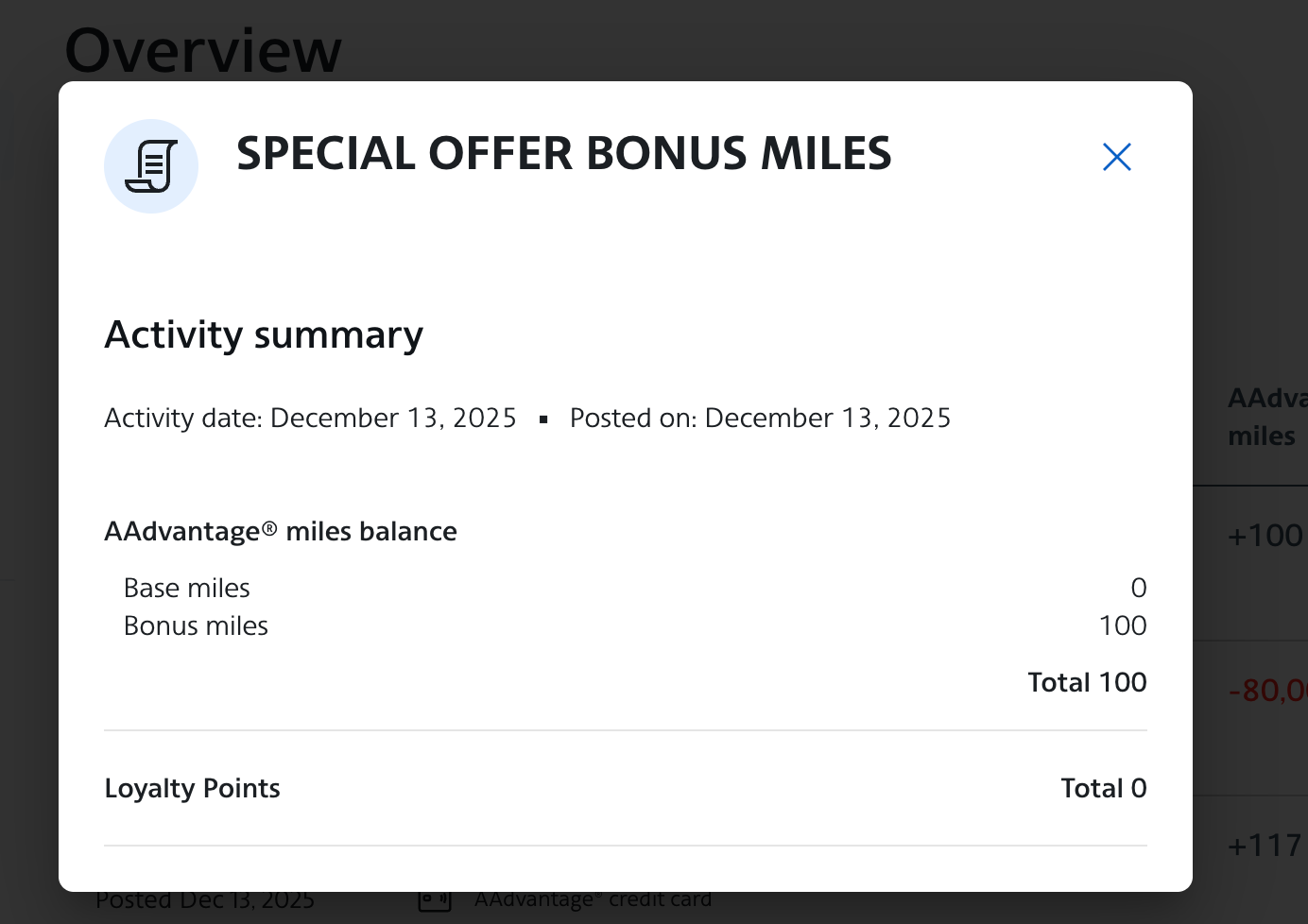 Activity page showing bonus miles in AAdvantage account.